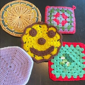 Colorful Crochet and bamboo vintage trivets -hot pads